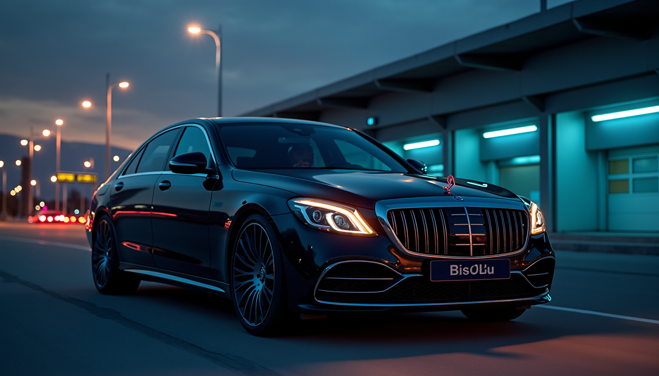 Limuzină neagră de lux pregătită pentru transport VIP, simbolizând eleganța și discreția.